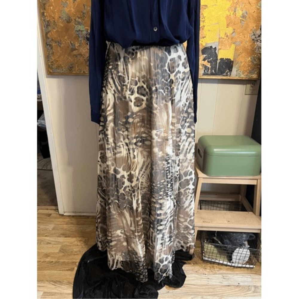 Komarov Animal Print Flowy Sheer Lined Maxi Skirt W/Elastic Waist XL
